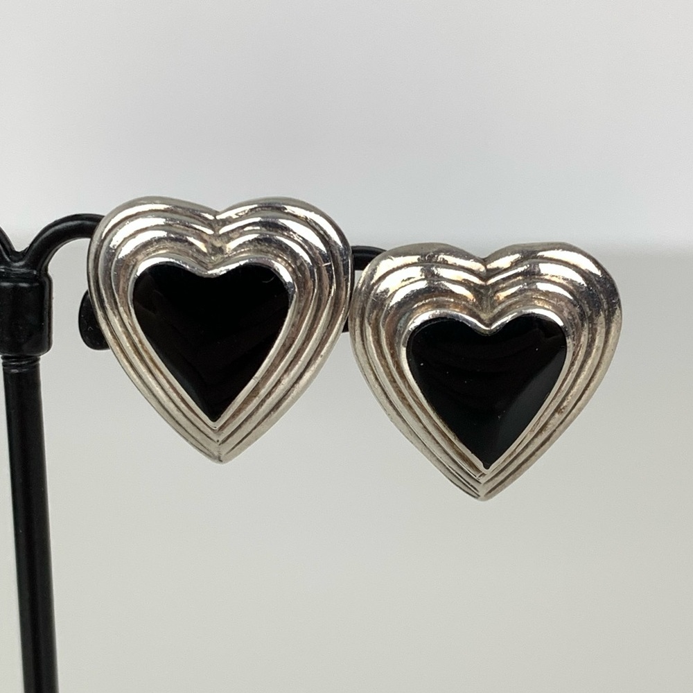 Sterling Silver Heart Shaped Earrings Black Stone Vtg 925 Dark Romantic Gothic